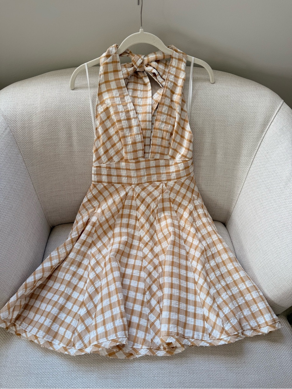 Free People Tan and White Gingham Backless A-Line Dress - Picture 8 of 9